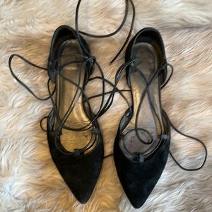 Stuart Weitzman suede patent leather flats with super cute ankle wrap. Size 38.